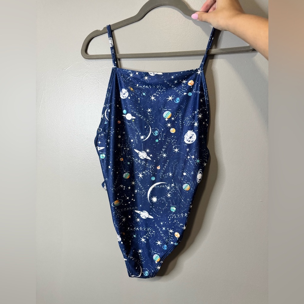 RIXO Blue and Orange Space Print Swimsuit